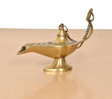 Brass Aladdin genie lamp, side view with chain loops and engraved decorative band