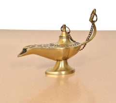 Brass Aladdin genie lamp, side view with chain loops and engraved decorative band