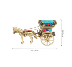 Brass horse cart showpiece, 5.5 in tall, turquoise roof, multicolor jewel trim
