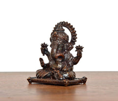 Sitting Lord Ganesha brass idol, side angle, raised arms and beaded base