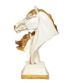 Polyresin two horse heads decor, white body with gold accents, profile view on base