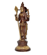 Brass Kartikeya Murugan statue, three-quarter view with spear and gold crown