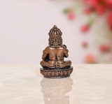 Copper Kuber statue, 2-inch rear view, seated deity with detailed back crown and base