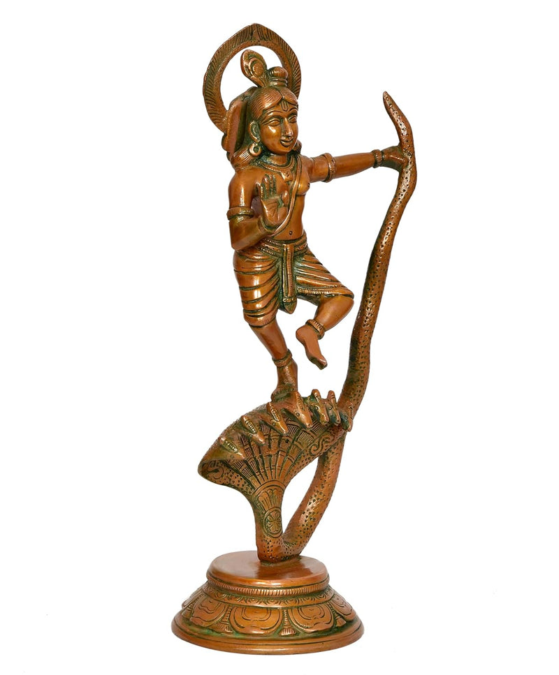 Brass Krishna Bhagwan Murti Dancing on Kaliya Naag - Religious Statue for Home Temple Pooja Decor (Height 13 Inch)