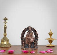 3 inch Copper Shirdi Sai Baba idol with ornate arch frame and folded hands