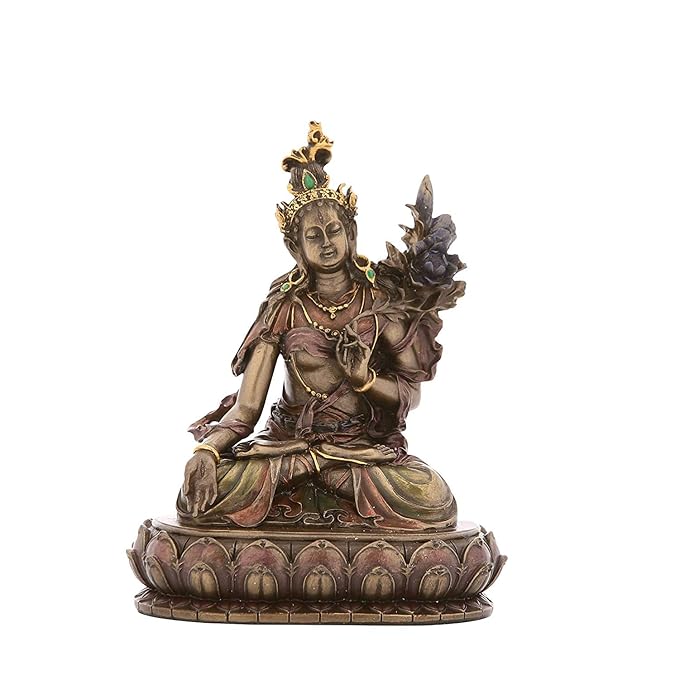 Large green Tara resin statue, seated mother goddess with crown and detailed robe