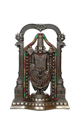 Antique bronze Balaji idol front view with ornate arch, drum-like ornaments, garland beads