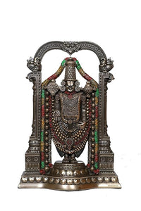 Antique bronze Balaji idol front view with ornate arch, drum-like ornaments, garland beads