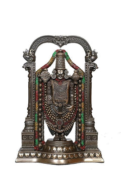 Antique bronze Balaji idol front view with ornate arch, drum-like ornaments, garland beads