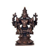 Copper Lord Vishnu with Bhudevi & Sridevi idol, seated with multiple arms, 5-inch