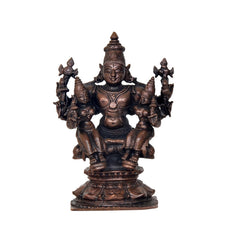 Copper Lord Vishnu with Bhudevi & Sridevi idol, seated with multiple arms, 5-inch