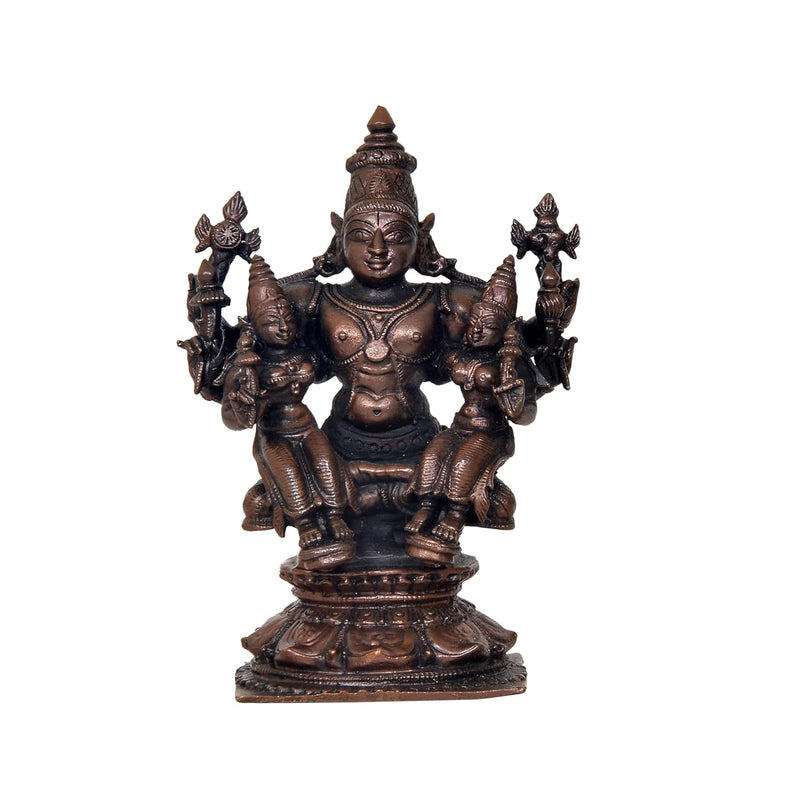 Copper Lord Vishnu with Bhudevi and Sridevi Idol (Height: 5 Inch)