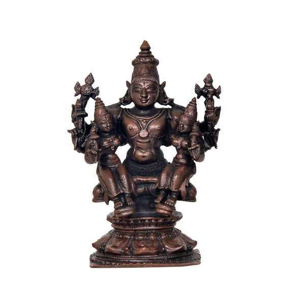 Copper Lord Vishnu with Bhudevi and Sridevi Idol Statue for Home Temple Office Mandir Decor (Height: 5 Inch)