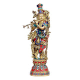 Brass Kishan Murti sculpture, full front figure with crown and blue/red/teal details