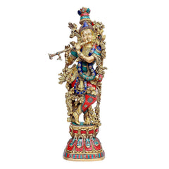 Brass Kishan Murti sculpture, full front figure with crown and blue/red/teal details