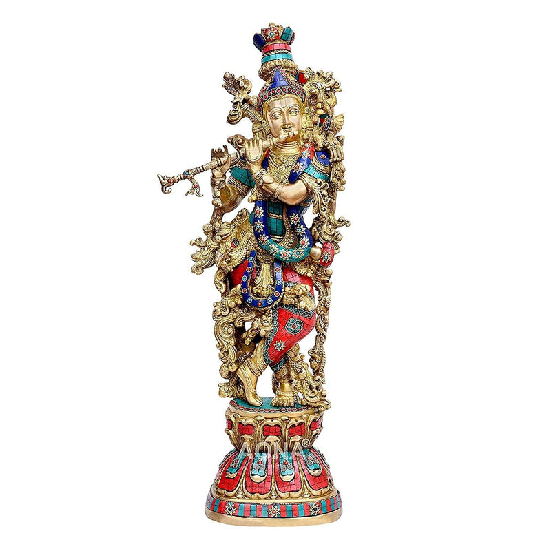 Brass Kishan Murti sculpture, full front figure with crown and blue/red/teal details