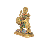 Brass Durga Maa statue riding lion, side view with jeweled belt and crown