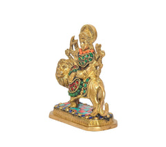 Brass Durga Maa statue riding lion, side view with jeweled belt and crown