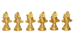 Six brass musical Ganesha idols shown from behind, matching base and detailed ornaments