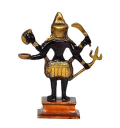 Rückansicht Kali Mata Messingstatue, goldene Kopfbedeckung, vier Arme, Holzsockel