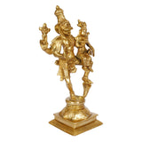Handcrafted brass Lakshmi Narasimha deity statue, side view, detailed armor, on base