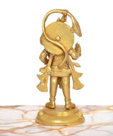 Golden Hanuman Ji brass statue, back/side view, large rounded head piece and ornaments.