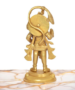 Golden Hanuman Ji brass statue, back/side view, large rounded head piece and ornaments.