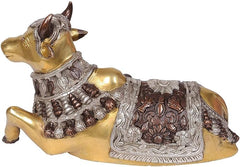 Brass Nandi statue, 6 inch, side profile with ornate armor-style detailing and horns