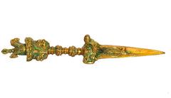 Ornate green-and-gold brass furba dagger pendant, full length with engraved sections