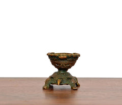 Rear side view small brass tortoise diya lamp statue with patterned legs and bowl