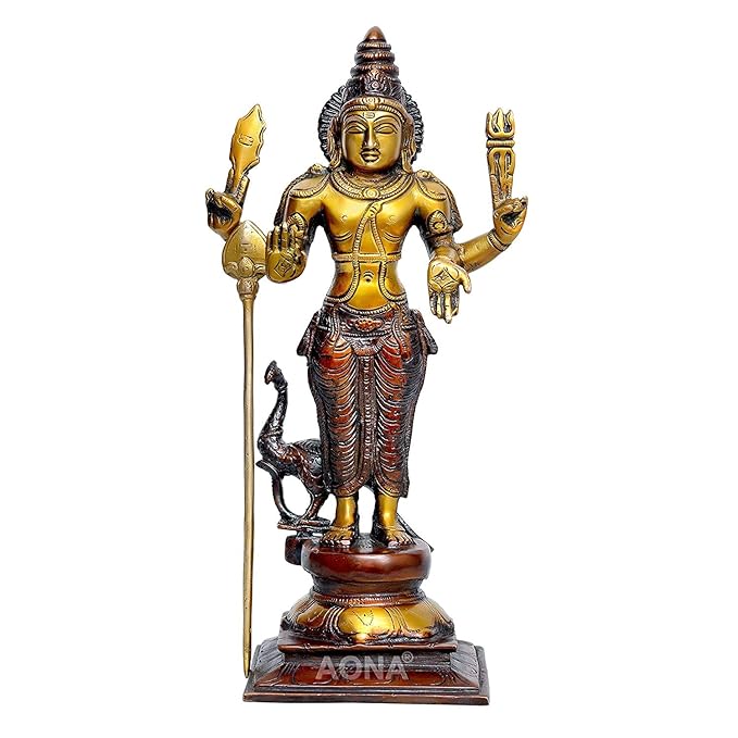 Brass Kumara Karttikeya statue, 12 in, brown finish, raised spear and trident arms