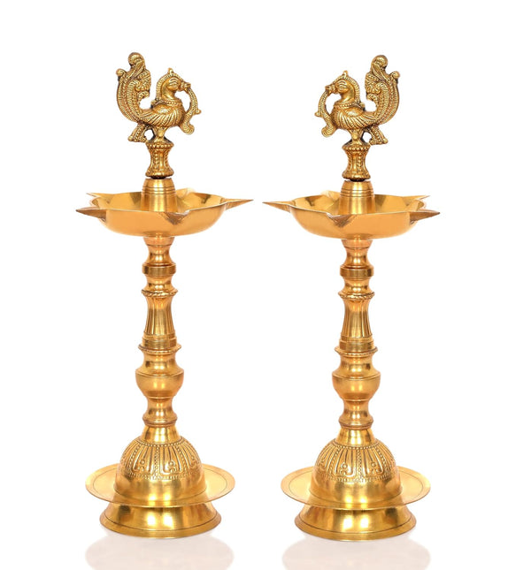 Brass Peacock Oil Lamp Diya Stand for Home Pooja Antique Items Gift Items Deepam Diwali Home and Office Decor |Set of 2| (Height: 13 Inch)