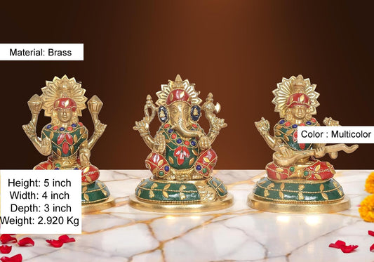 Brass Lakshmi Ganesh Saraswati Idol (Height: 5 Inches) (Multicolor 1)