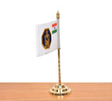 Brass Indian flag topper on gold stand, navy emblem and tricolor panel