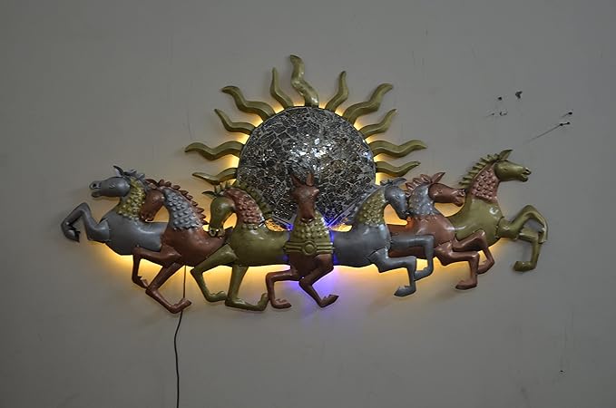 Iron Seven Running Horses with Sun Wall Decor Showpiece With LED Lights Horses (Width: 49 Inches)