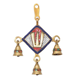 Brass Balaji wall hanging idol: blue and red enamel diamond with four hanging bells