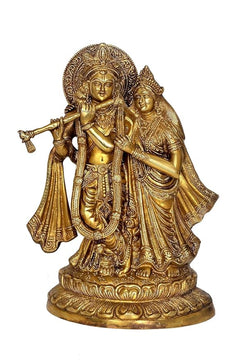 Brass Radha Krishna idol, standing together holding flute, ornate crowns and robes