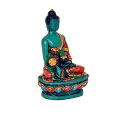 Medizinbuddha Figur aus Resin, seitliche Ansicht: türkisgrüner Körper, rotes Gewand, dekoratives Podest