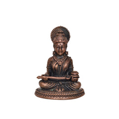 AONA Annapurna copper idol, front view of seated goddess with detailed jewelry and crown