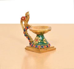 Brass peacock diya side view, multicolor enamel and beaded border