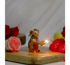 Messing-Ganesha-Maus mit brennender Öllampe, rote und blaue Edelstein-Akzente