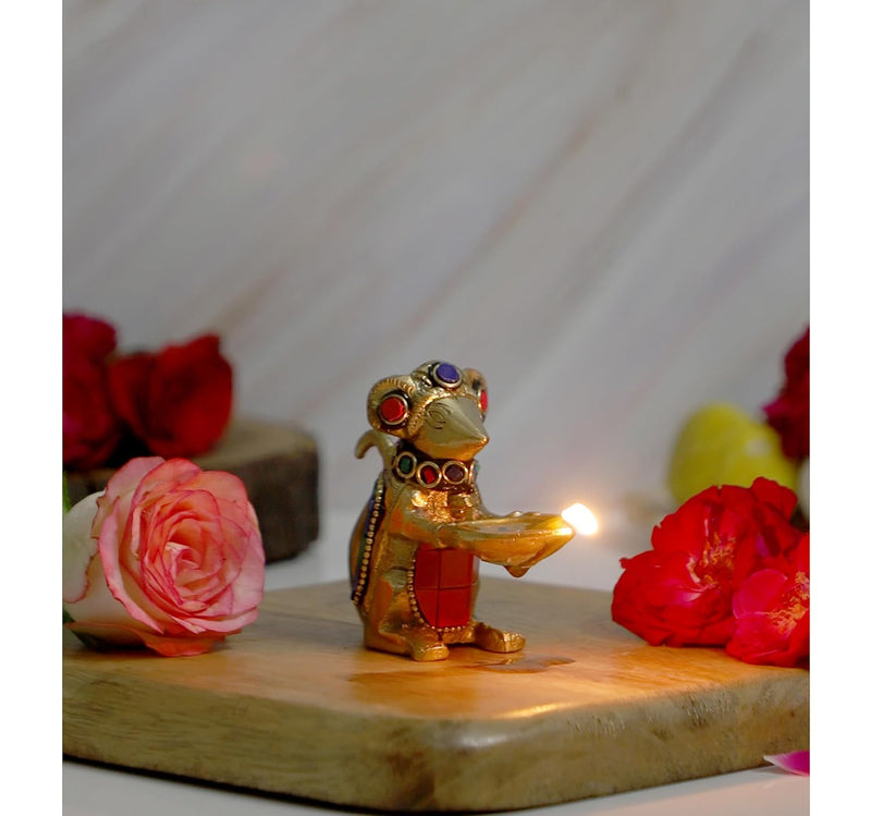 Brass Ganesha Mouse Holding Oil Lamp Diya Statue (Height 2.5 inches)