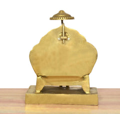 Brass Maharaja Agrasen idol, back view: raised stand with finial and cross details