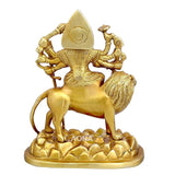 Brass Durga Maa statue on lion, rear view with ornate halo on round base