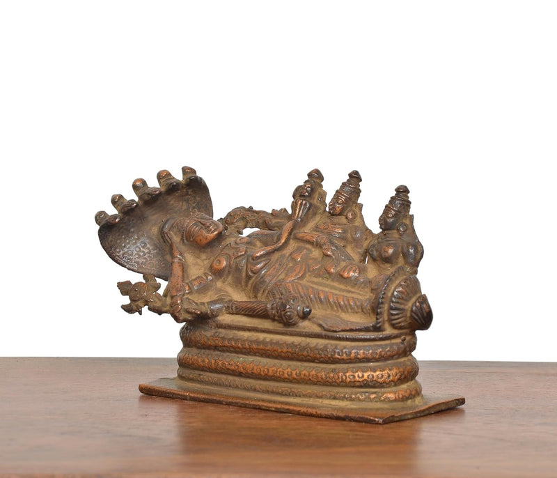 Copper Sheshashayi Vishnu with Lakshmi ji and Bhudevi Idol (Height 2.5 Inch)