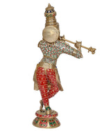 Rear view of brass Krishna playing flute statue, red outfit with green and gold trim