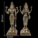 Brass Lakshmi and Vishnu idols, height 20 in, width 8 in, standing on square bases