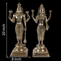 Brass Lakshmi and Vishnu idols, height 20 in, width 8 in, standing on square bases