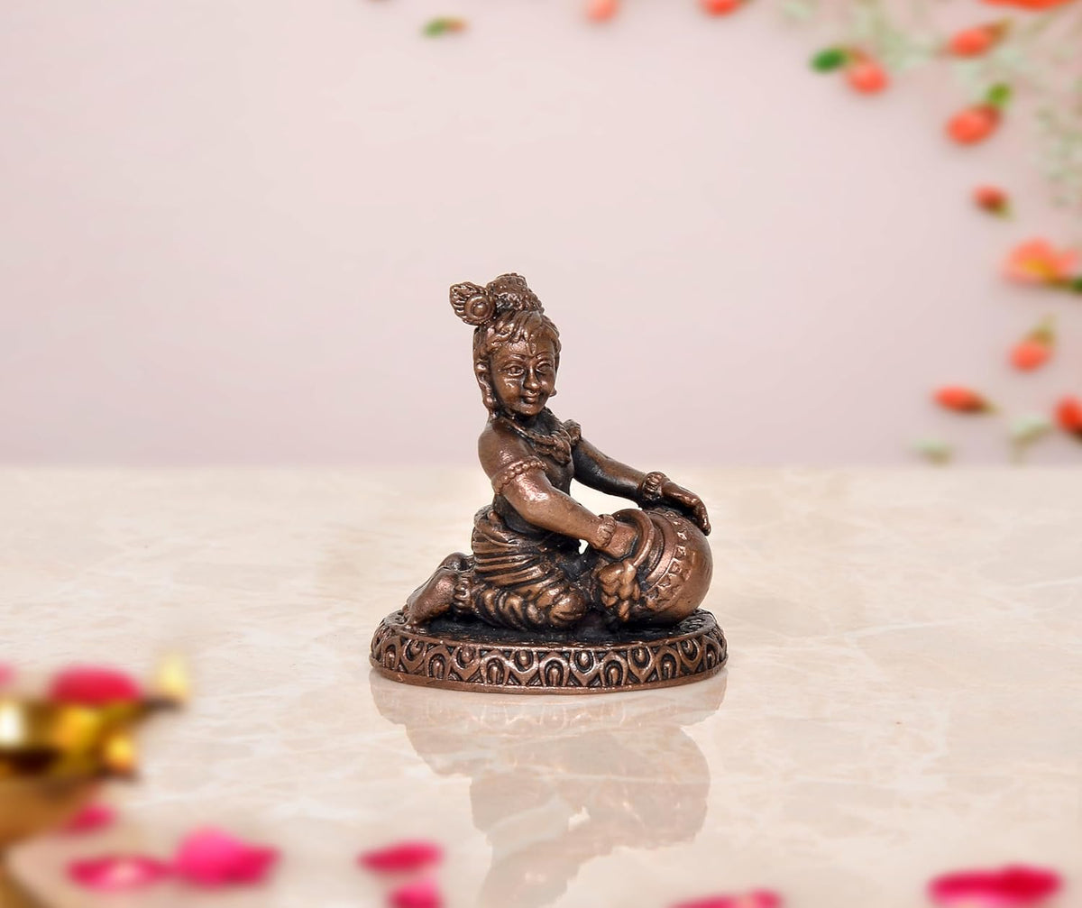 2 inch Copper Lord Bal Gopal Krishna idol statue, seated with hands holding butter pot