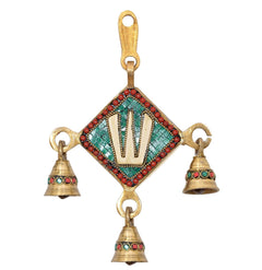 Brass wall hanging Balaji idol, multicolor inset diamond center, four hanging bells